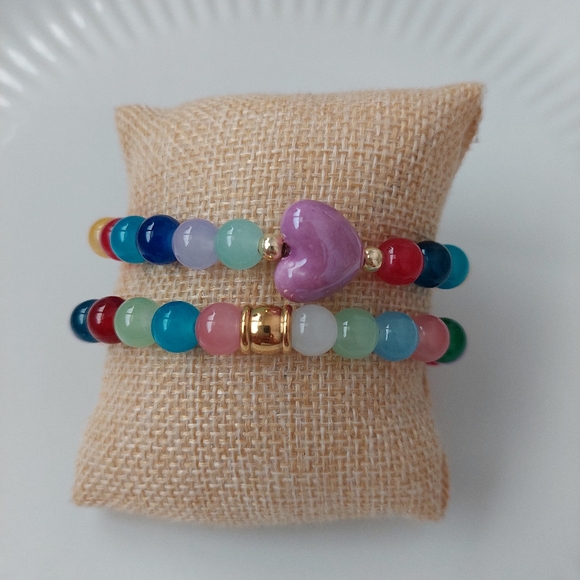 Handcrafted Jewelry Bracelet Set Crystal Beads Porcelain Heart Colorful - Picture 2 of 2